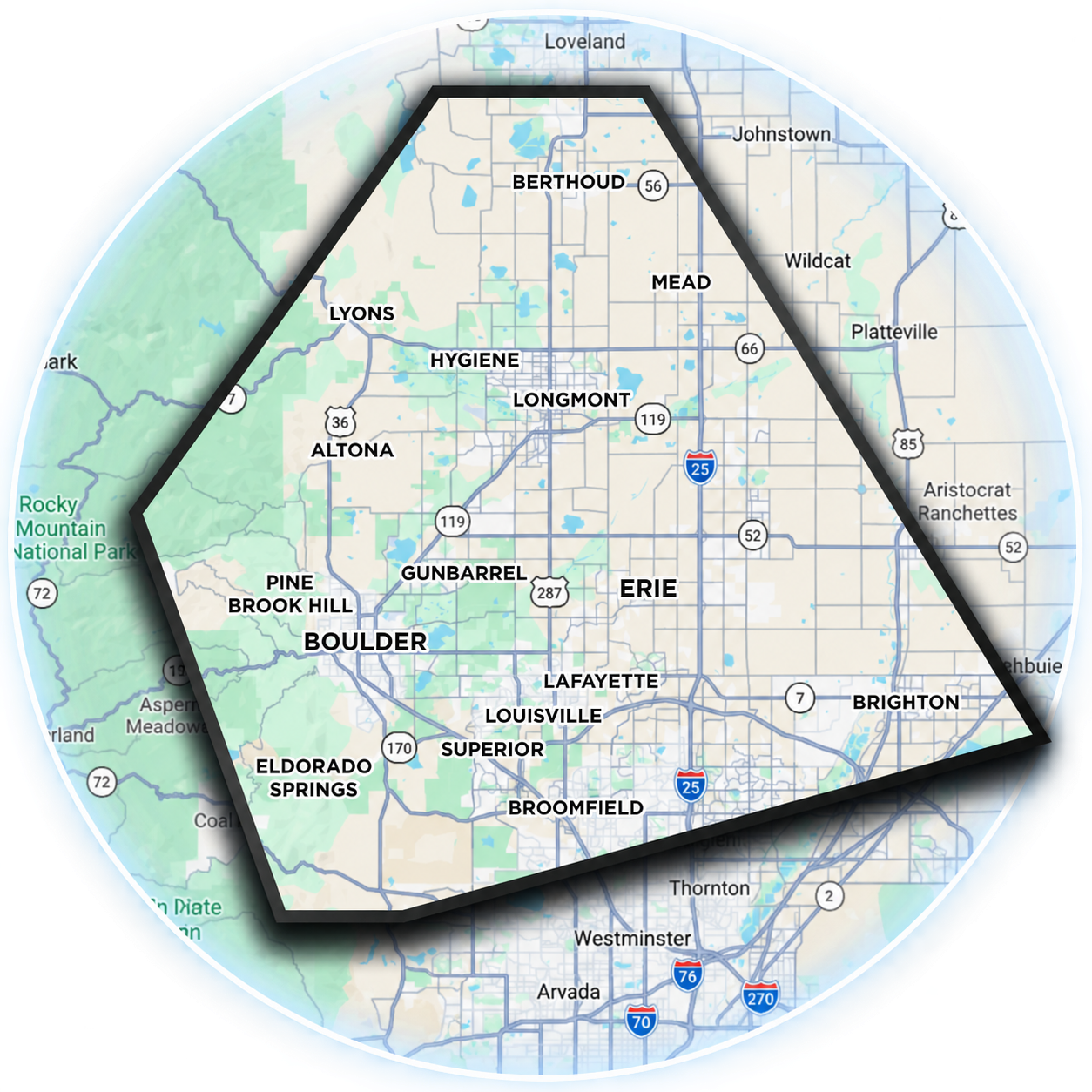 Map of the Main Street Movers service area across the Boulder County and north Denver metro region, including Broomfield, Boulder, Longmont, Lafayette and Louisville