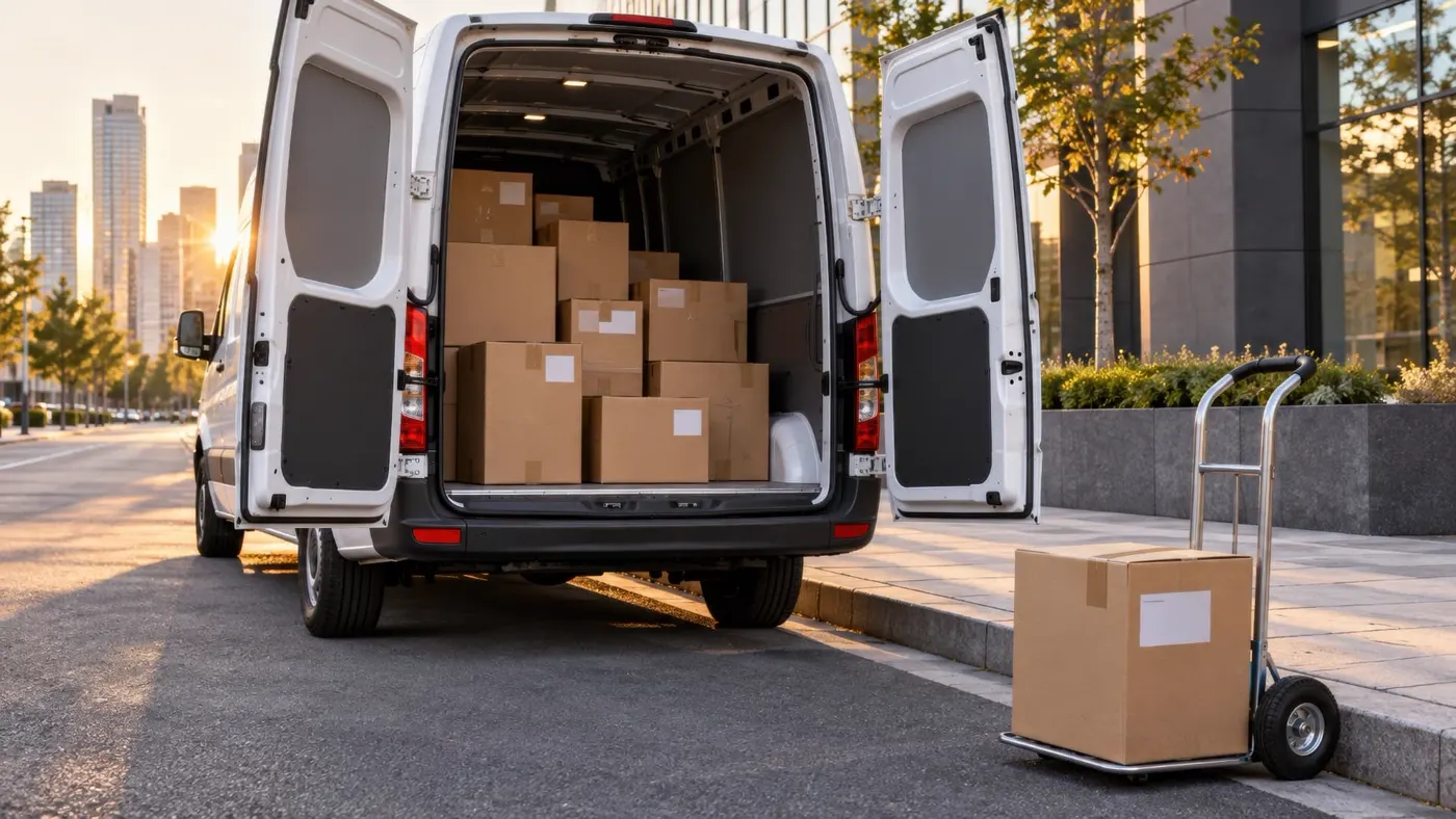 Open van loaded with boxes beside a hand truck